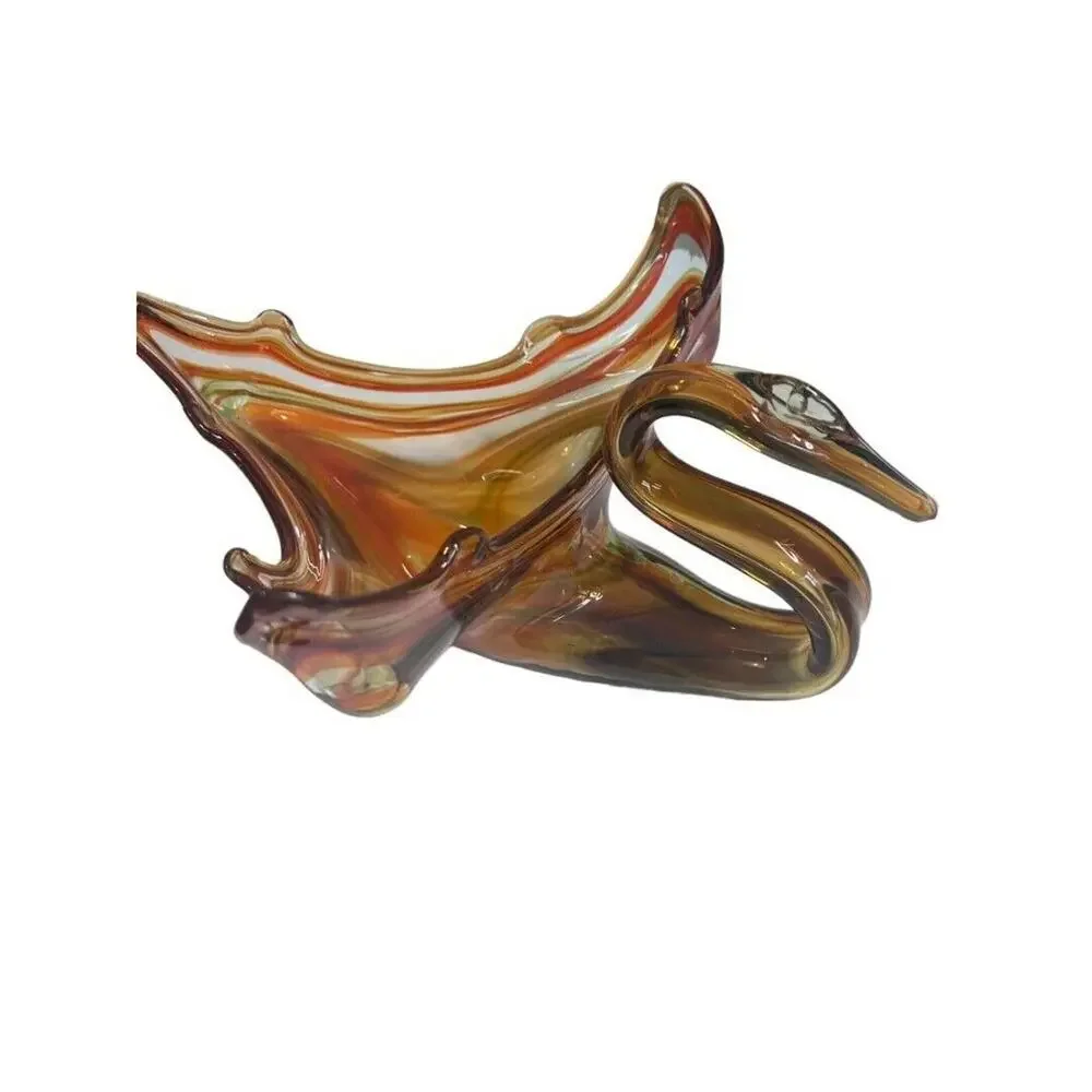 Vintage Hand Blown Glass Swan Planter Bowl Orange Brown Clear Swirl